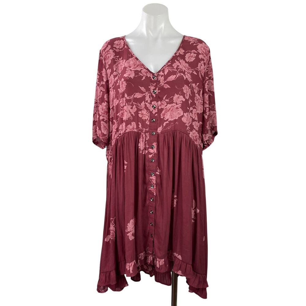 Free People Pink Red Short Sleeves Floral Button Down Tunic Mini Dress Size SP